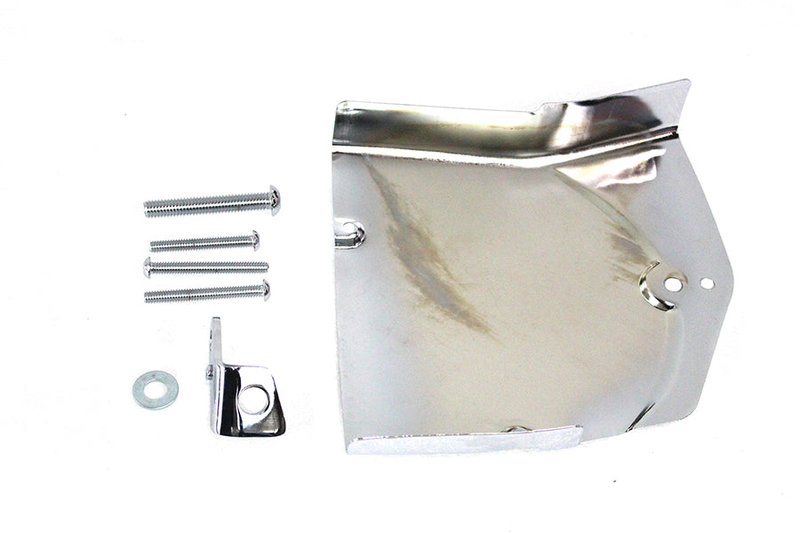 V-TWIN drive line transmission sprocket cover trim for motorcycle, black metal with polished accents, mounted on bike.