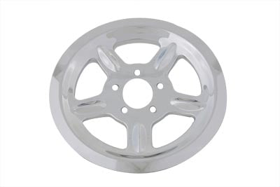 V-Twin chrome rear pulley cover with 68 teeth for drive line, showcasing shiny finish and precise fit on motorcycle.