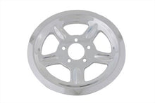 Load image into Gallery viewer, V-Twin chrome rear pulley cover with 68 teeth for drive line, showcasing shiny finish and precise fit on motorcycle.