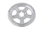 V-Twin chrome rear pulley cover with 68 teeth for drive line, showcasing shiny finish and precise fit on motorcycle.