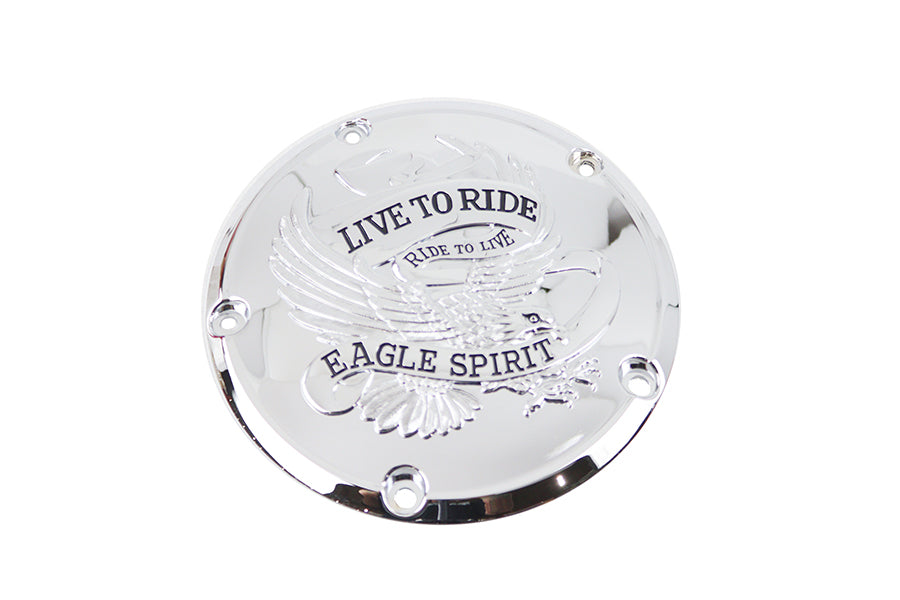 Chrome V-TWIN Eagle Spirit derby cover for drive line, featuring detailed eagle design on motorcycle engine part.