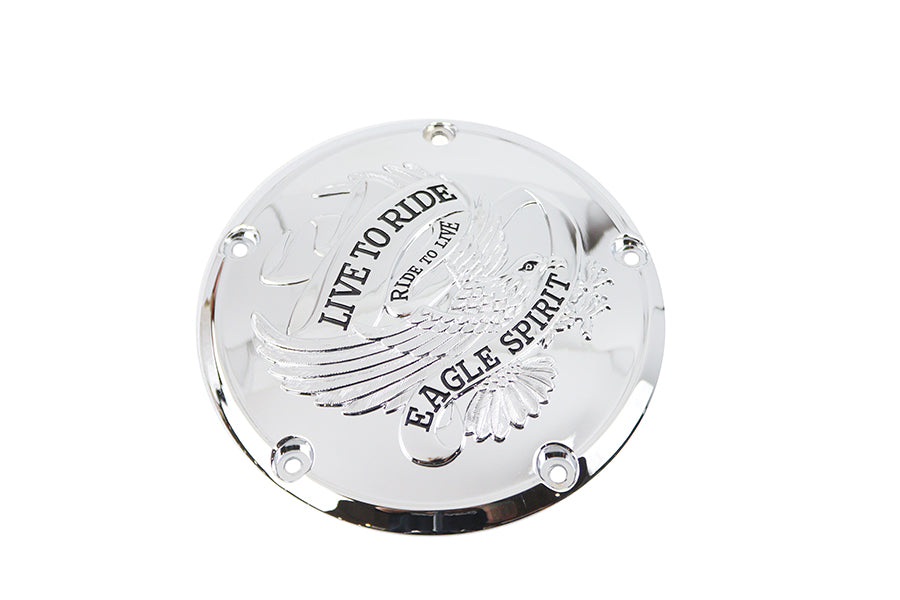 Chrome V-TWIN Eagle Spirit derby cover for drive line motorcycle, featuring detailed eagle design and polished chrome finish.