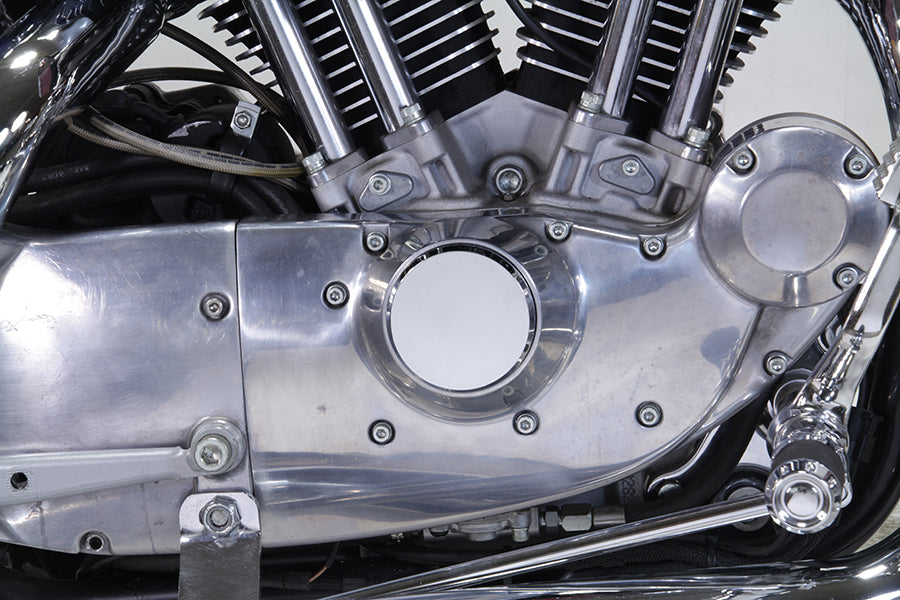 V-TWIN smooth chrome ignition system cover with hidden screws, designed for electrical components on motorcycles.