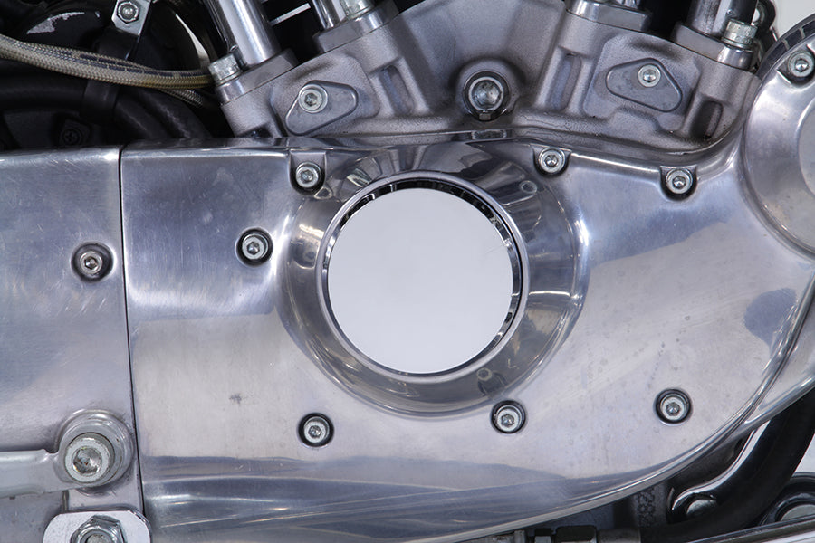 V-TWIN smooth chrome ignition system cover with hidden screws, designed for electrical motorcycle components.