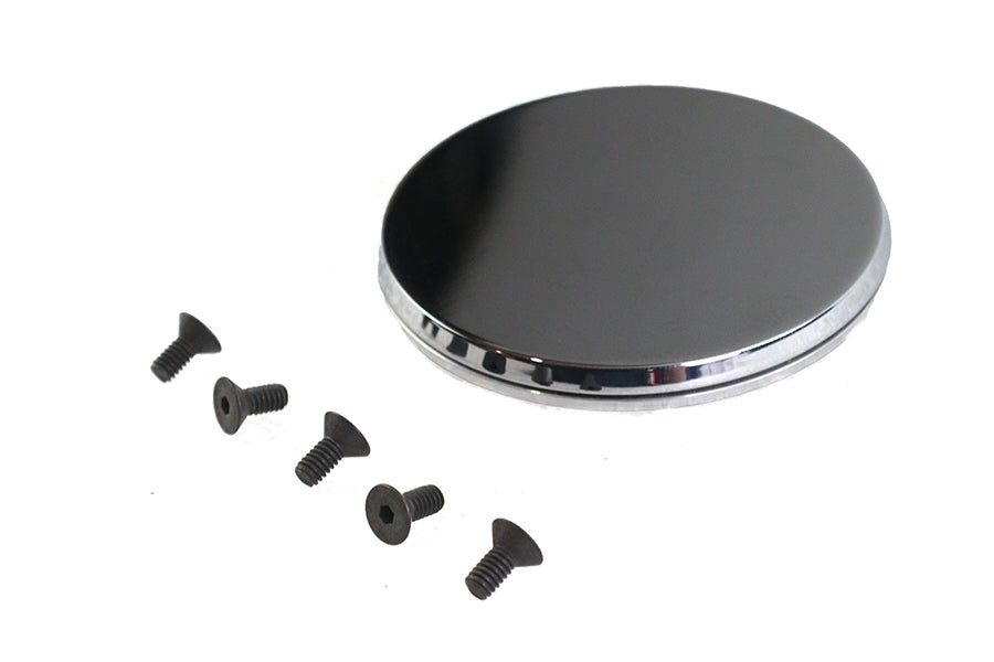 V-TWIN smooth chrome ignition system cover with hidden screws, electrical component for motorcycle engine protection.