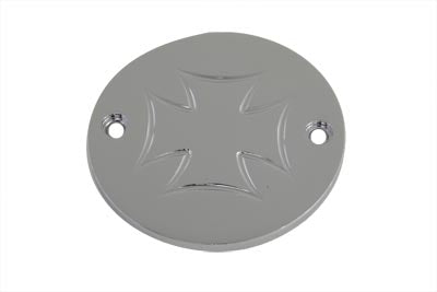V-TWIN chrome 2-hole Maltese ignition system cover for motorcycle electrical components, featuring a shiny chrome finish and detailed design.