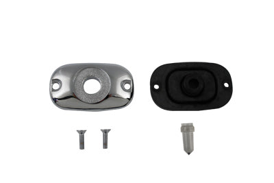 V-Twin brake rear master cylinder reservoir top cover, motorcycle brake component with metal finish and mounting details.
