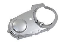 Load image into Gallery viewer, V-TWIN chrome primary cover trim for drive line, showcasing shiny metallic finish and detailed design on motorcycle engine component