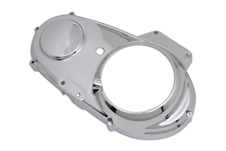 V-TWIN chrome primary cover trim for drive line, featuring polished metal finish and detailed design.