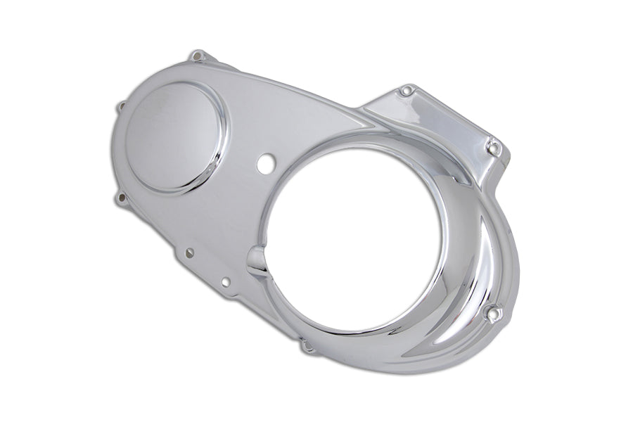V-TWIN chrome primary cover trim for drive line, shiny and reflective, designed for motorcycle V-twin engines.