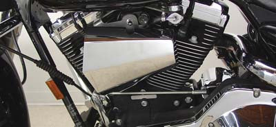 Chrome V-TWIN Air Scoop engine cover with V-TWIN branding, designed to enhance motorcycle engine appearance.