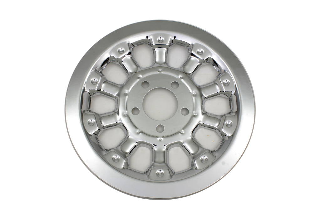 Chrome V-TWIN Magnum Pulley Cover with 70 teeth for drive line, showcasing detailed metal finish and gear design.