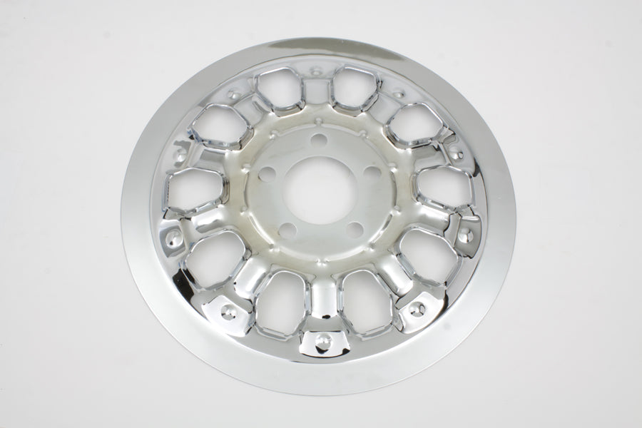 V-TWIN Magnum chrome pulley cover with 70 teeth for drive line, showcasing polished finish and detailed design.
