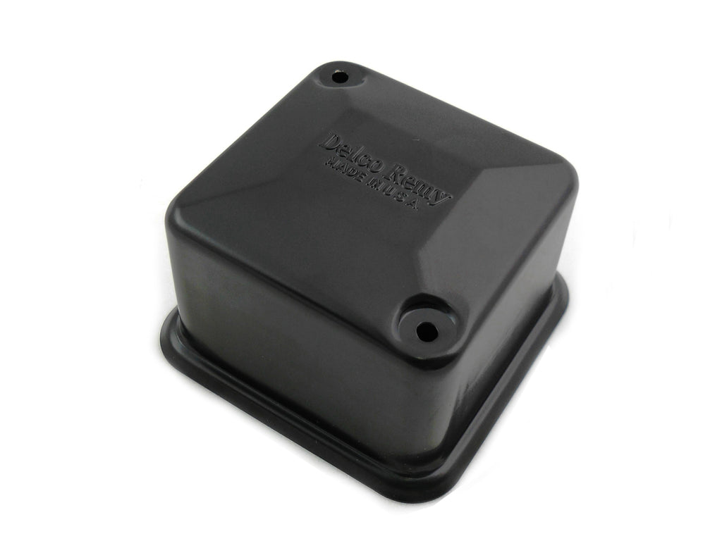 V-TWIN black 6-volt Delco Remy electrical regulator cover, durable metal component for vintage motorcycle electrical systems.