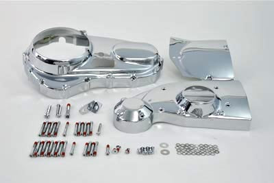 V-TWIN chrome engine dress-up set installed on motorcycle engine, enhancing its shiny, polished appearance.