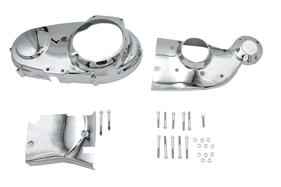 V-TWIN chrome engine dress-up set with polished components for enhancing a motorcycle engine's appearance.