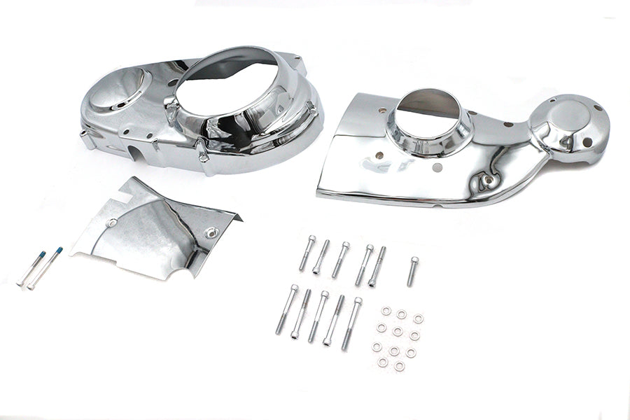 V-TWIN chrome engine dress-up set installed on motorcycle engine with shiny, detailed chrome parts for a custom look.
