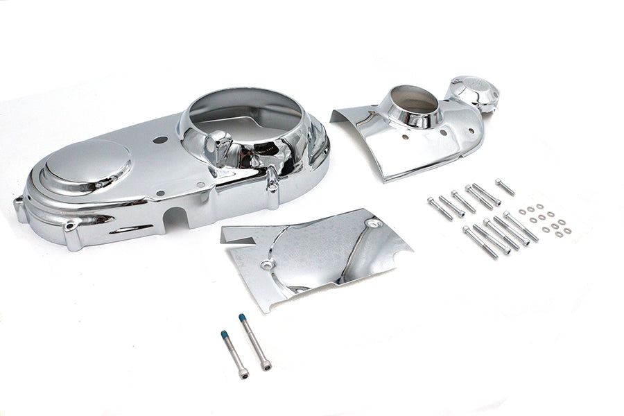 V-TWIN chrome engine dress-up set with polished covers and accents for motorcycle engine enhancement, shown on engine in the image.