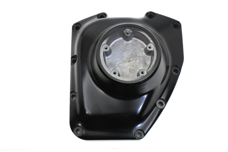 V-Twin Gloss Black Cam Cover for engine with a sleek, polished finish, showcasing detailed design and branding.