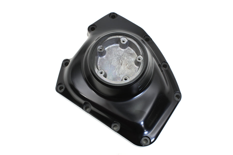 V-TWIN gloss black engine cam cover with polished finish, designed for V-TWIN motorcycle engines.