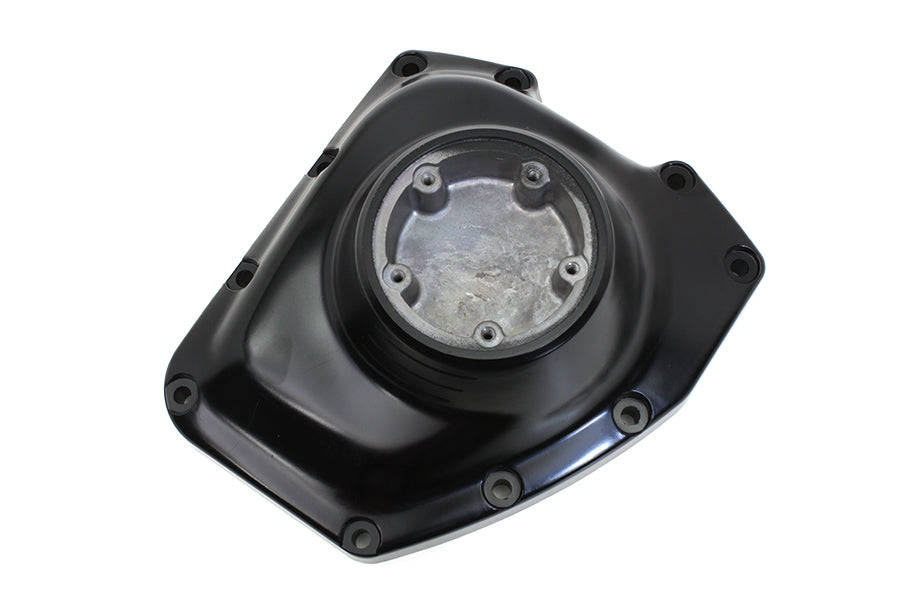 V-TWIN gloss black engine cam cover with polished finish, designed for V-TWIN motorcycle engines.