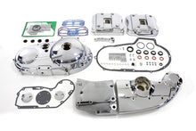 Load image into Gallery viewer, V-TWIN chrome engine dress-up kit installed on motorcycle engine, enhancing appearance with polished chrome accents.