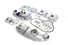 Load image into Gallery viewer, V-TWIN chrome engine dress-up kit installed on motorcycle engine, adding a shiny, polished chrome finish to enhance engine appearance