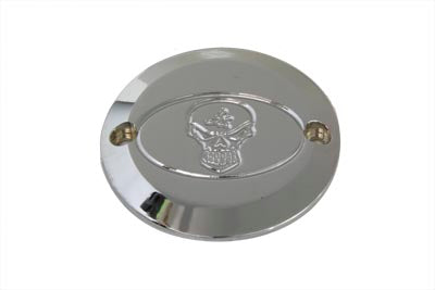 Chrome V-TWIN Skull Ignition System Cover with 2-hole design for motorcycle electrical system, horizontal style.