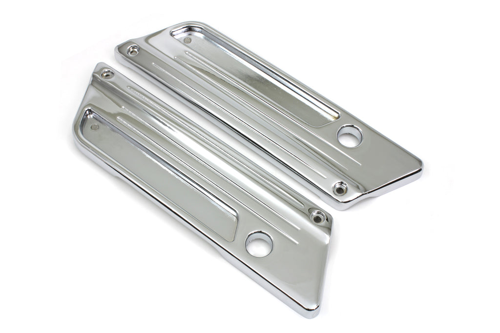 V-Twin Wyatt Gatling Saddlebag Face Plate for seat and saddlebag, featuring detailed metal design on a black background.