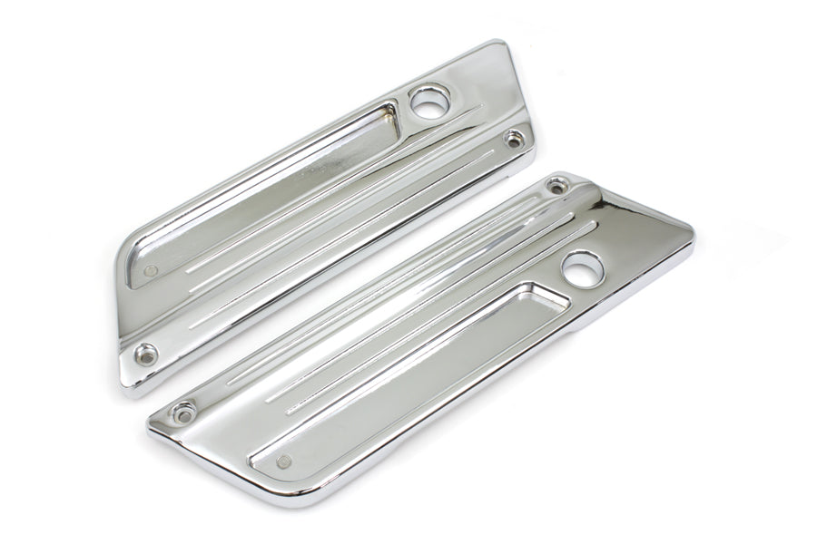 V-TWIN Wyatt Gatling saddlebag face plate for seat and saddlebag, featuring a detailed metal design and chrome finish.