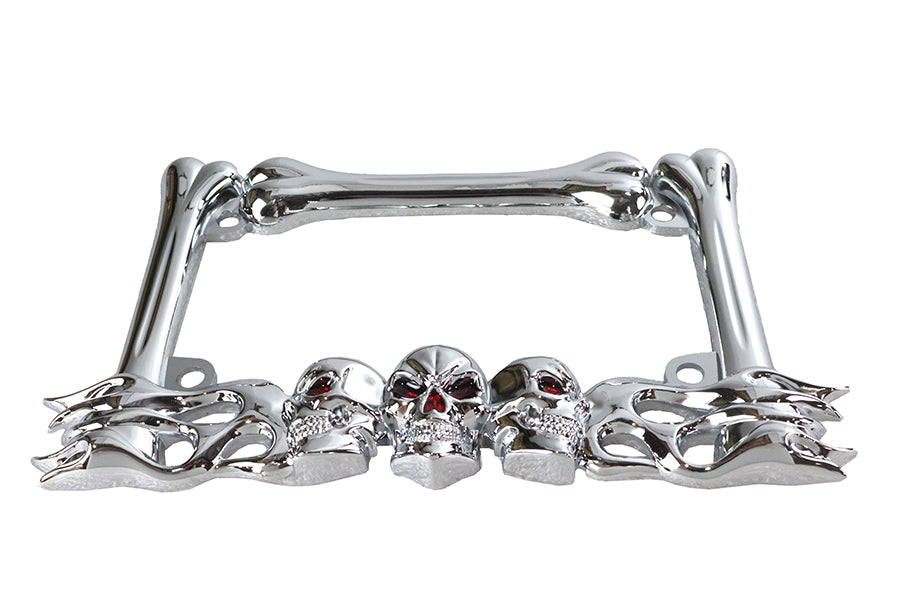 Chrome V-Twin skull style license plate frame with lighting accents, designed for custom motorcycle or vehicle decoration.