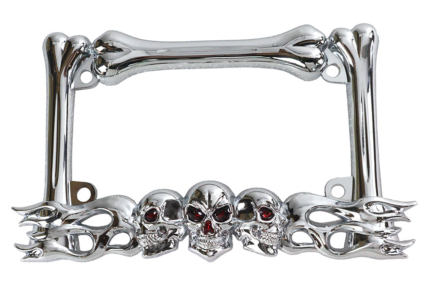 Chrome V-Twin Skull Style License Plate Frame for motorcycles, featuring a bold skull design and durable metal construction.