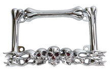 Load image into Gallery viewer, Chrome V-Twin Skull Style License Plate Frame for motorcycles, featuring a bold skull design and durable metal construction.