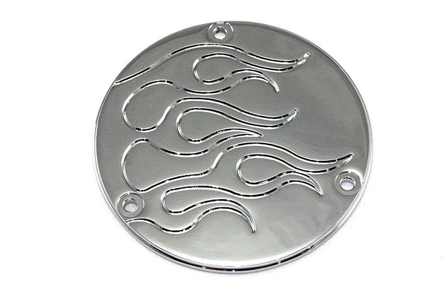 V-Twin Flame Derby Cover Chrome for drive line, featuring a fiery flame design and chrome finish, designed for motorcycle V-twin engines.