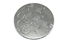 Load image into Gallery viewer, V-Twin Flame Derby Cover Chrome for drive line, featuring a fiery flame design and chrome finish, designed for motorcycle V-twin engines.