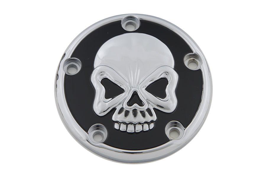 Chrome V-Twin Skull Design 5 Hole Ignition System Cover for motorcycle electrical components, with detailed skull artwork.