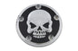 Chrome V-Twin Skull Design 5 Hole Ignition System Cover for motorcycle electrical components, with detailed skull artwork.