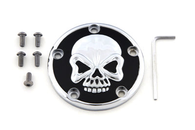 Chrome V-Twin skull design ignition system cover with five-hole mounting for motorcycle electrical components.