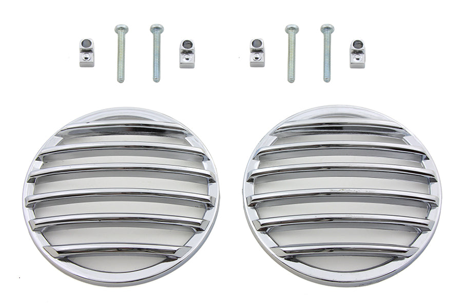 Chrome V-Twin turn signal lens grille set for motorcycle lighting, featuring a sleek, reflective chrome finish and detailed grille design.