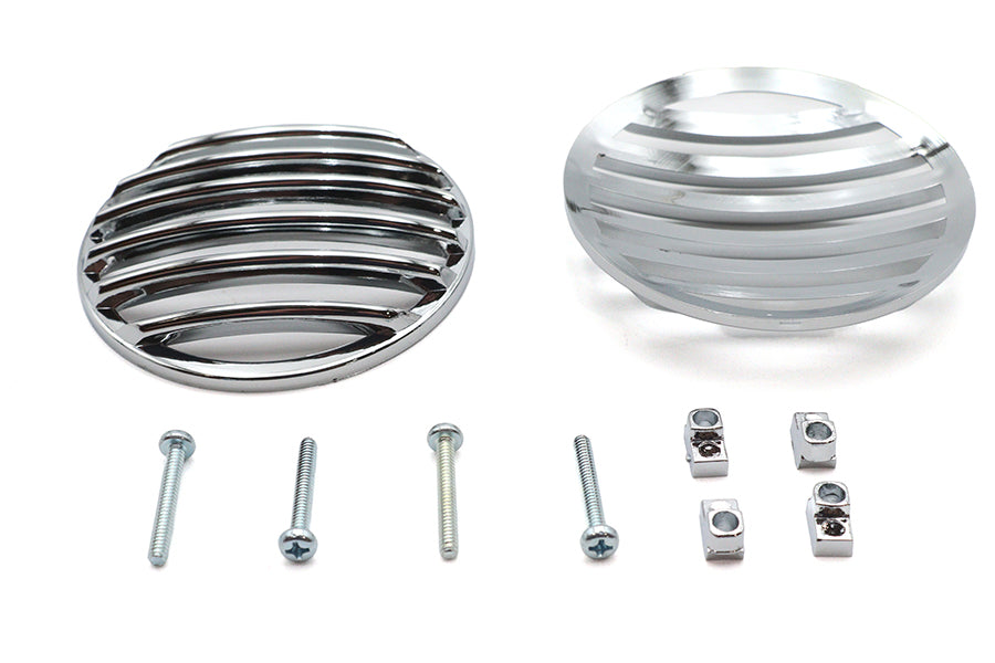 Chrome V-TWIN turn signal lens grille set for motorcycle lighting, featuring a sleek, shiny finish and classic design.