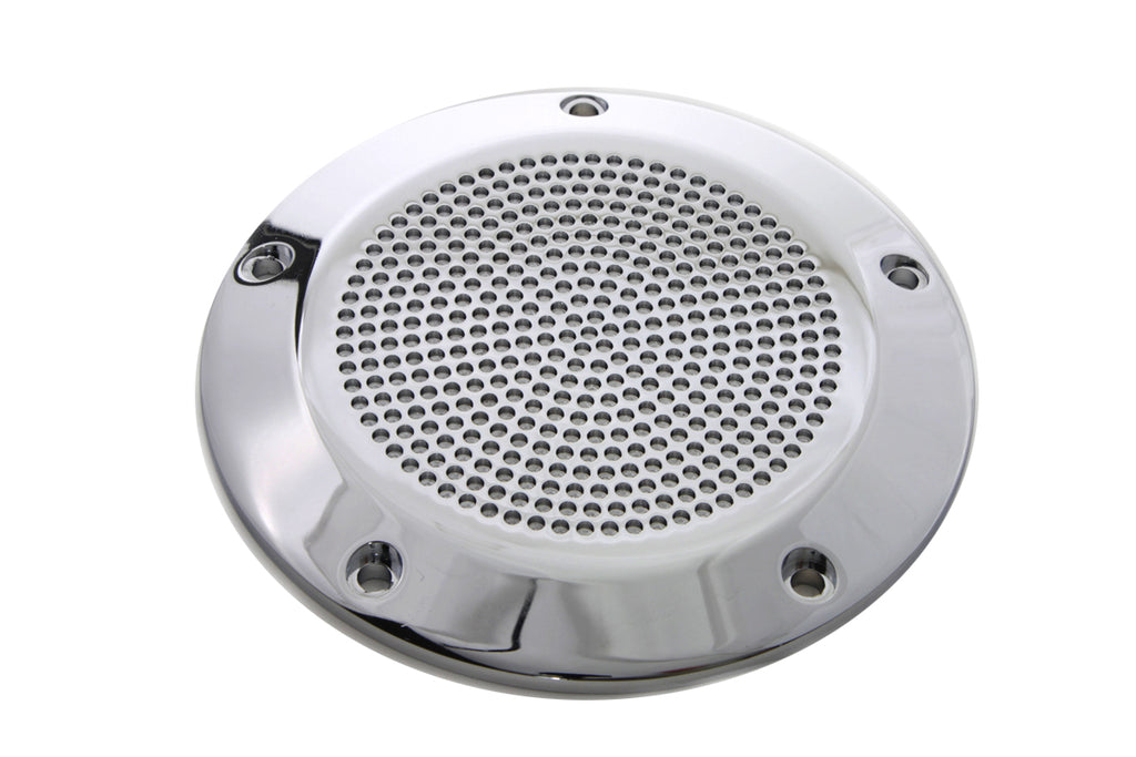 V-Twin chrome perforated 5-hole derby cover for drive line, featuring a stylish perforated design and durable chrome finish.
