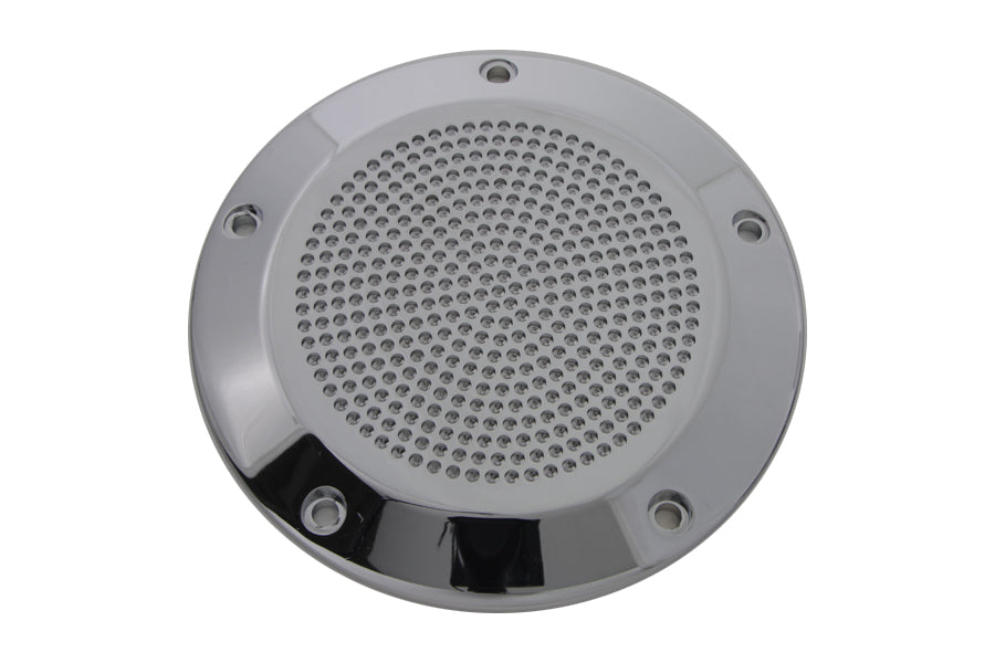 V-Twin chrome perforated 5-hole derby cover for drive line, showcasing shiny finish and detailed design on a motorcycle engine component.