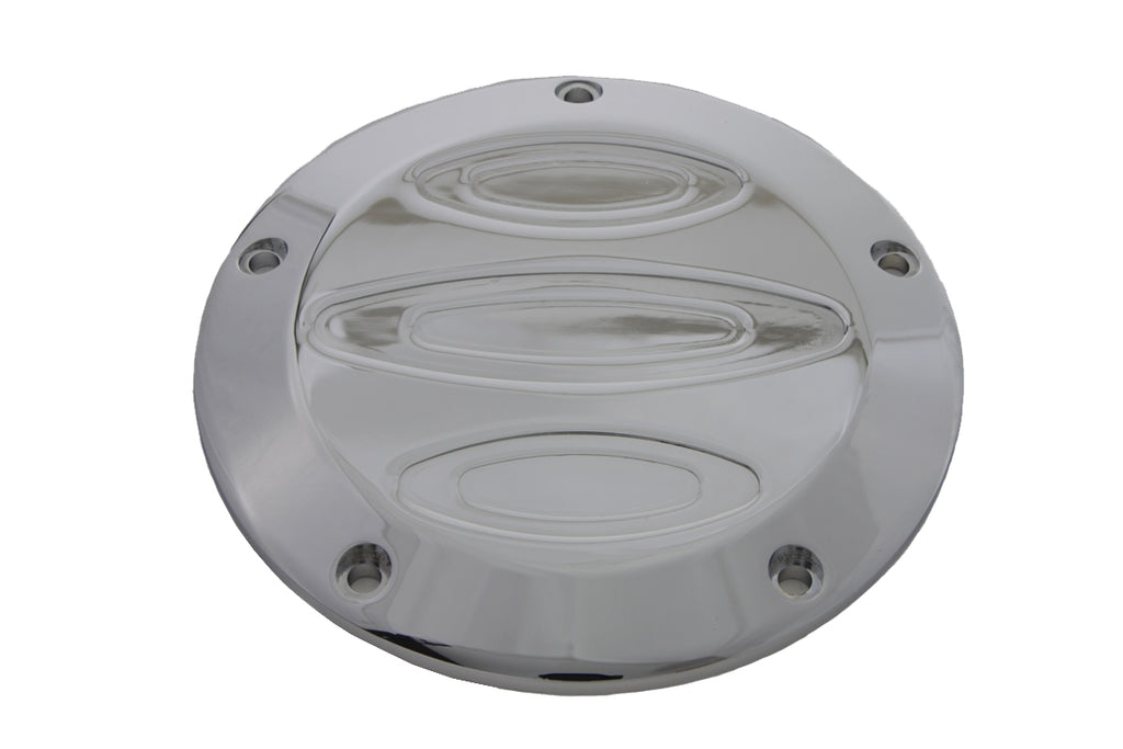 V-TWIN Chrome Contour 5-Hole Derby Cover for Drive Line motorcycle, shiny chrome finish, detailed with five mounting holes.