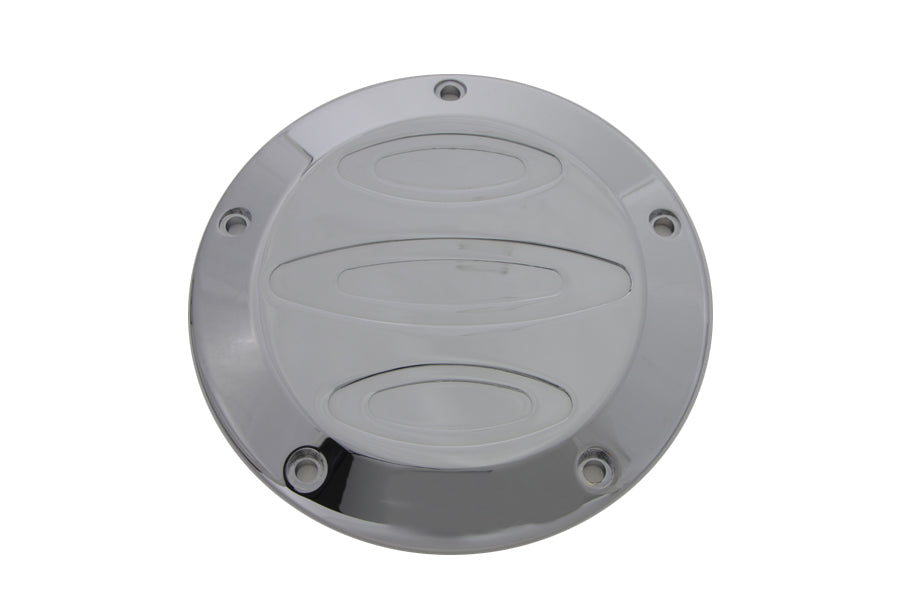 V-Twin Chrome Contour 5-Hole Derby Cover for Drive Line motorcycle, shiny chrome finish with five bolt holes, detailed close-up image