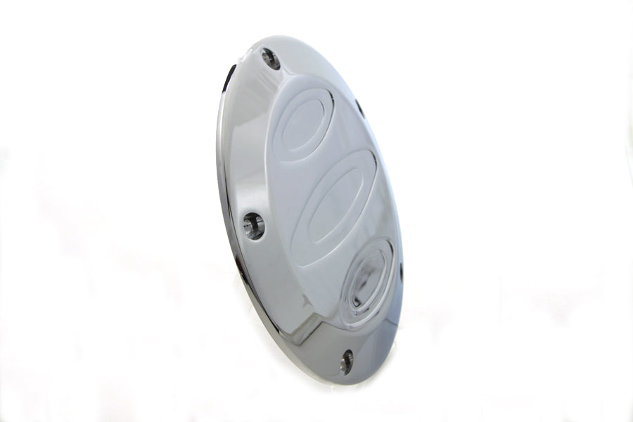 V-Twin Chrome Contour 5-Hole Derby Cover for Drive Line motorcycles, featuring a shiny chrome finish and detailed design.