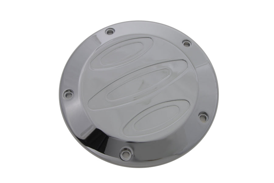 V-TWIN chrome contour 5-hole derby cover for drive line, shiny and detailed, designed for motorcycle engine protection and style.