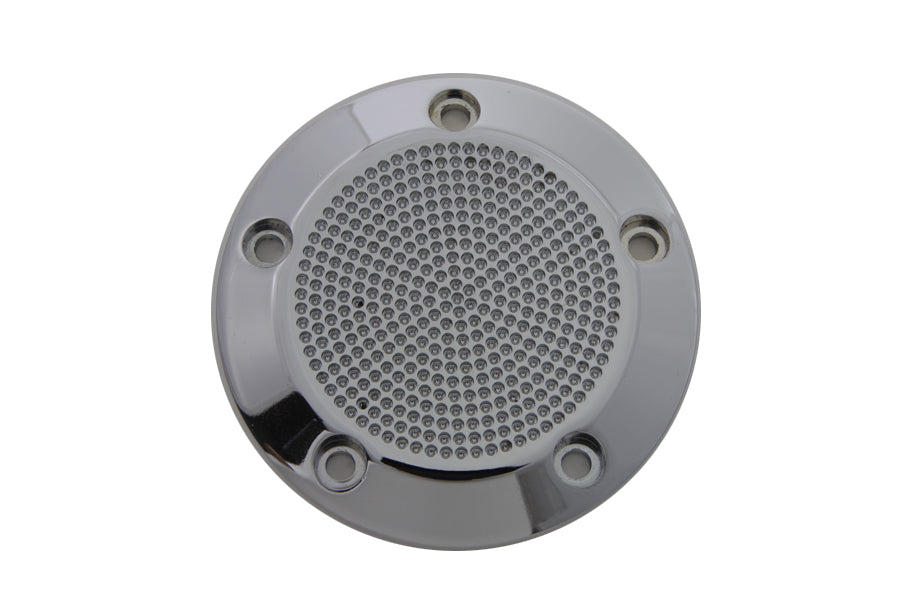 V-TWIN chrome 5-hole perforated ignition system cover for electrical components on motorcycle engine.