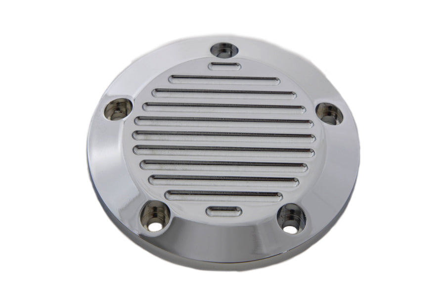V-Twin Chrome 5-Hole Ball Milled Ignition System Cover for electrical components, featuring a polished chrome finish and detailed milling.