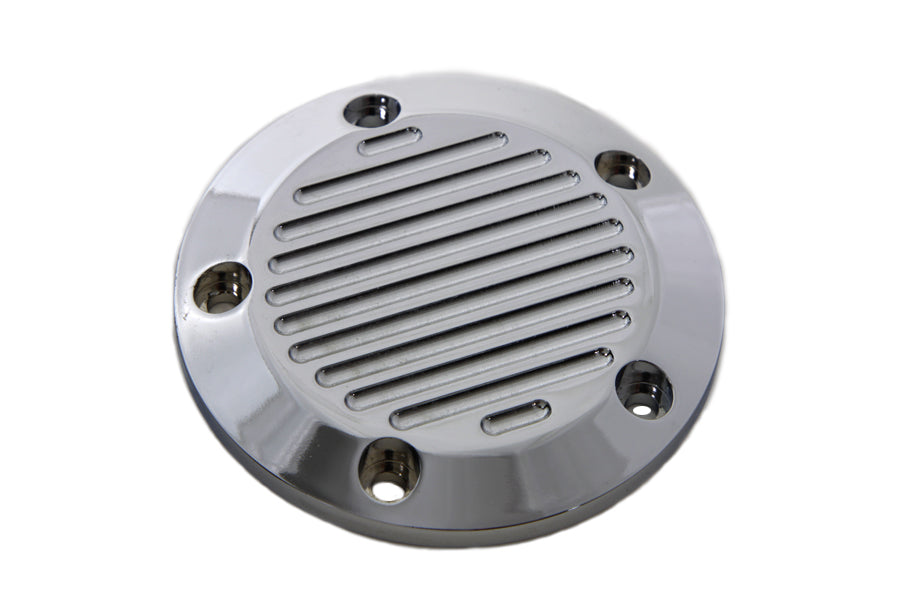 V-Twin chrome 5-hole ball milled ignition system cover for electrical systems, showcasing detailed craftsmanship and metallic finish.