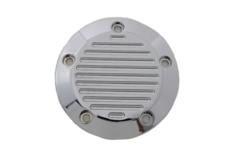 V-Twin Chrome 5-Hole Ball Milled Ignition System Cover for motorcycle electrical system, featuring a polished chrome finish and detailed design.